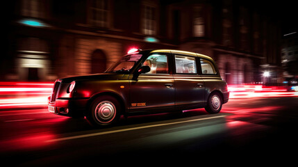 Plakat Rushing Black Cab taxi at night. Generative AI