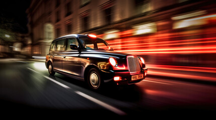Fototapeta na wymiar Rushing Black Cab taxi at night. Generative AI