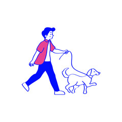 Guy Walking with a Dog Professional vector characters in action, with duotone cartoon styling and SVG format. Perfect for depicting individuals in various job roles