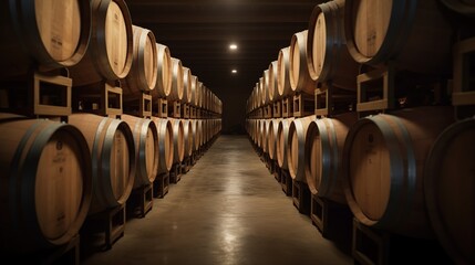 Aging Wine in a Wooden Barrel Room. Generative AI