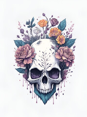 Skull with flowers. AI generated illustration
