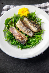 salad sardine fresh green leaves  seafood snack meal food on the table copy space food background rustic top view  