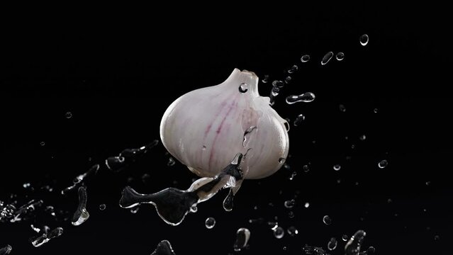 Garlic and water splash. 3d render