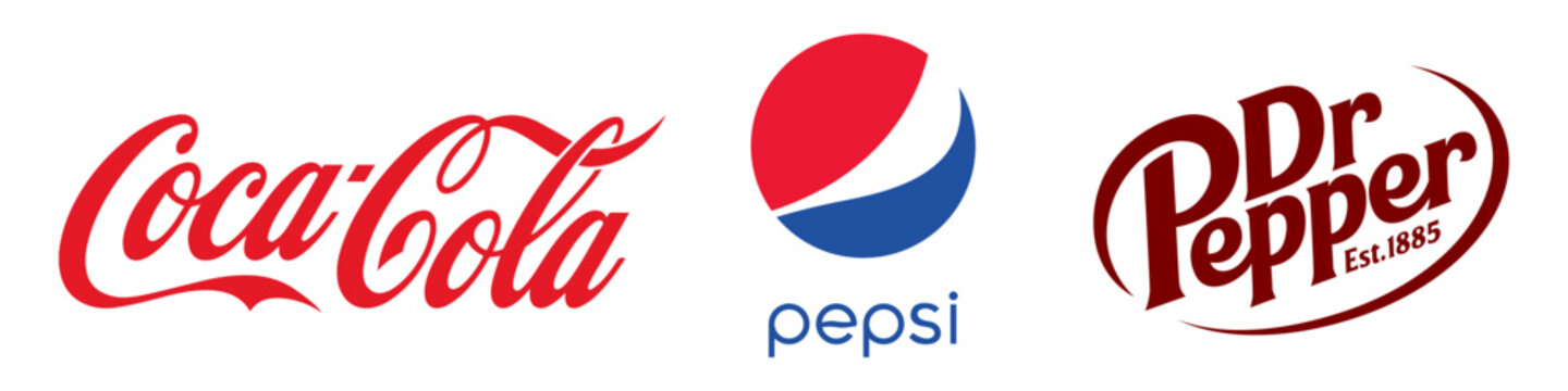 Carbonated soft drink logo set. Coca Cola, Pepsi, Dr Pepper drinks icons. Top drink company brand logo set. Vector editorial illustration EPS 10
