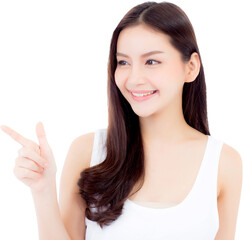 Portrait of beautiful asian woman makeup of cosmetic, girl hand pointing something and smile attractive, face of beauty perfect with wellness with skin healthcare concept.