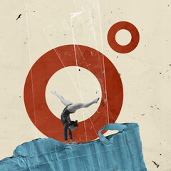 Young athletic girl, professional rhythmic gymnast, acrobat training over abstract background with...