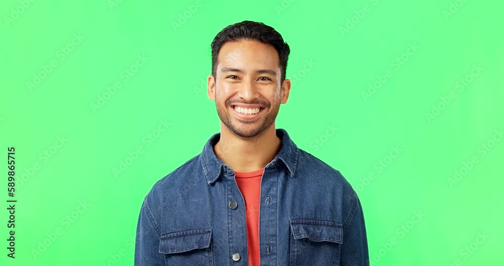 Sticker Man, laughing and portrait on green screen in studio with space for comic joke and funny emoji. Face of asian male model person laugh for happiness or positive mindset on chroma key background