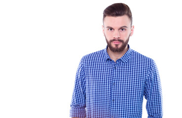 Fototapeta premium Strong, confident, handsome and bearded man in casual checkered shirt is posing isolated on white background with copy space for text and advertising