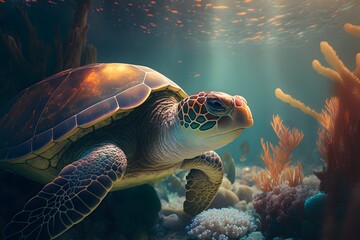 Fototapeta premium turtle under the sea created using AI Generative Technology