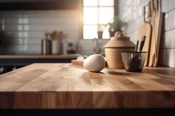 Fototapeta na wymiar Kitchen wooden table top and kitchen blur background interior style Scandinavian | Empty tabletop over defocused kitchen with copy space, Generative AI