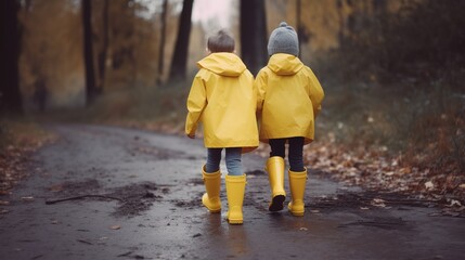 Kids in rubber boots walking in the park. Generative ai