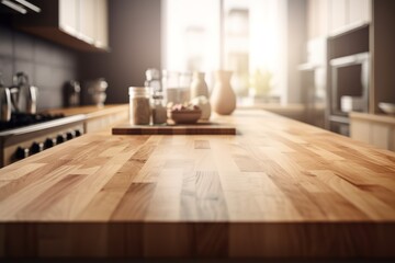Fototapeta na wymiar Kitchen wooden table top and kitchen blur background interior style Scandinavian | Empty tabletop over defocused kitchen with copy space, Generative AI