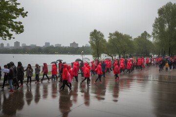 Crowd of all kind of people walking on a plaza fast moving in red rain coats from the back with blurry buildings, red movement
