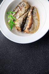 fish sardine canned seafood meal food snack on the table copy space food background rustic top view