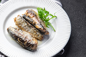 fish sardine canned seafood meal food snack on the table copy space food background rustic top view