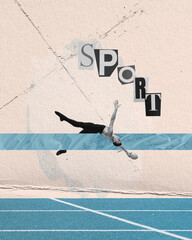 Creative design with ballet dancer playing with rugby ball, in motion against pastel abstract background. Contemporary art collage. Concept of sport, lifestyle, creativity, inspiration, retro style