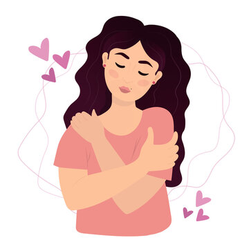 Love yourself concept, woman hugging herself, illustration in cartoon flat style