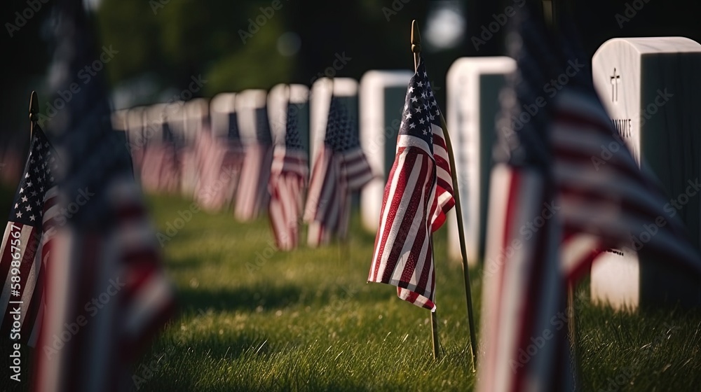 Sticker US Flag at Military Cemetery on Veterans Day or Memorial Day. Concept National holidays, Flag Day, Veterans Day, Memorial Day, Independence Day, Patriot Day. Generative AI.