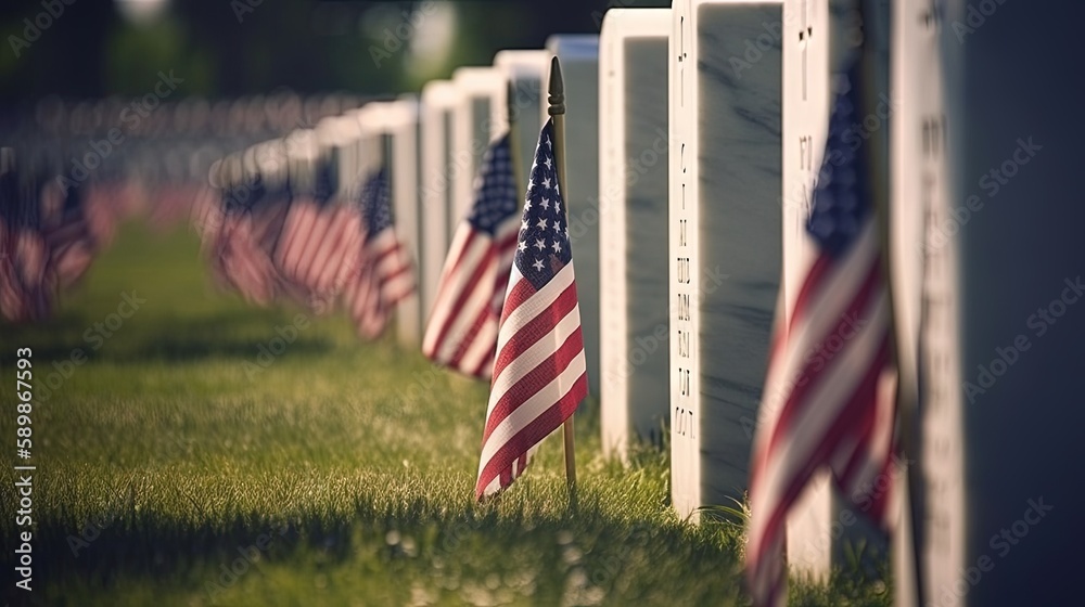 Wall mural US Flag at Military Cemetery on Veterans Day or Memorial Day. Concept National holidays, Flag Day, Veterans Day, Memorial Day, Independence Day, Patriot Day. Generative AI.