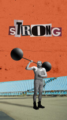 Mature man in striped suit lifting weights, training against abstract background. Performance. Contemporary art collage. Vertical layout. Sport, lifestyle, creativity, inspiration, retro style concept