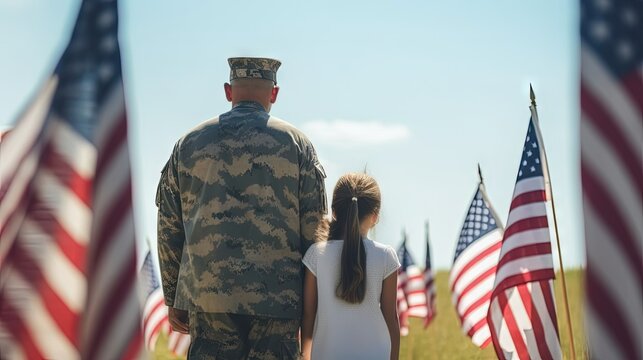 Back view of father in military uniform holding hands with daughter. Concept National holidays, Flag Day, Veterans Day, Memorial Day, Independence Day, Patriot Day. Generative AI.