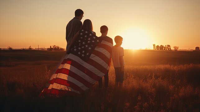 Happy Family with American Flag at Sunset Outdoors in the USA. Concept National holidays, Flag Day, 4th of July, Memorial Day, Independence Day, Patriot Day. Generative AI.