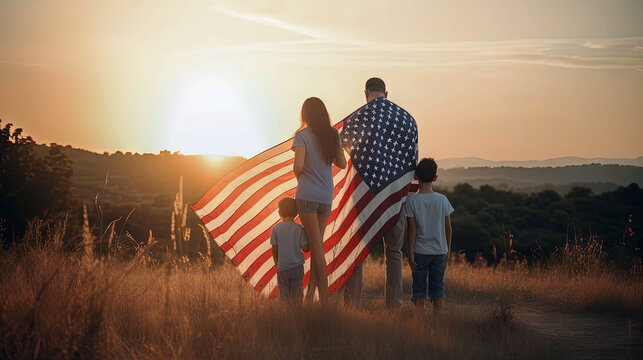 Happy Family with American Flag at Sunset Outdoors in the USA. Concept National holidays, Flag Day, 4th of July, Memorial Day, Independence Day, Patriot Day. Generative AI.