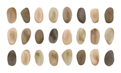 Stones set in cartoon style on white background. Brown and sand pebble.
