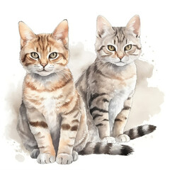 Obraz premium Tabby cats, two kittens isolated on white, Watercolor style
