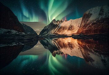 Fototapeta na wymiar The Northern Lights mirrored amidst two fjords in Tromsø. Generative AI