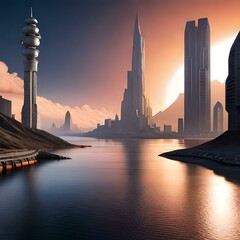 Sci-fi City at Sunset. Generative ai 