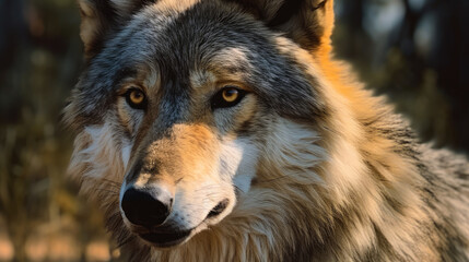 Fototapeta premium wolf intently staring eye, close-up. Sunlight illuminates