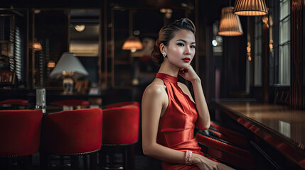 Fototapeta na wymiar Portrait of beautiful asian woman in red dress in restaurant. Generative AI