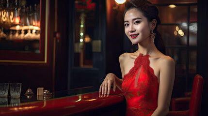 Fototapeta na wymiar Beautiful asian woman in red dress posing in a restaurant. Generative AI
