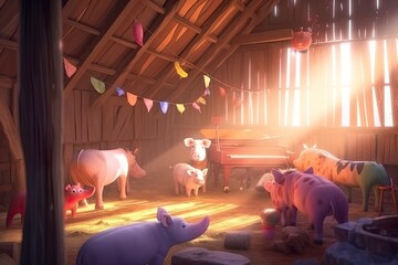 Happy animals in the barn, colorful illustration.  Generate AI. 