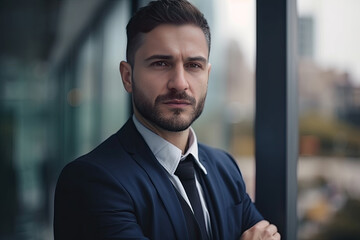 Portrait of handsome businessman in suit looking at camera while standing in office, Generative AI