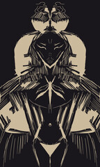 Contemporary art. Egyptian Priestess, mystical woman, night moth. Poster, cover