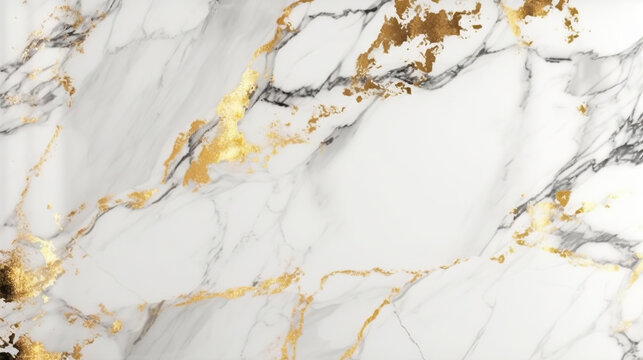 Natural white marble texture with golden inserts. Based on Generative AI