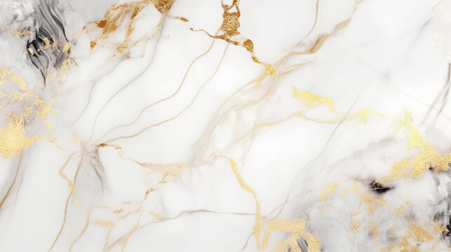 Natural white marble texture with golden inserts. Based on Generative AI