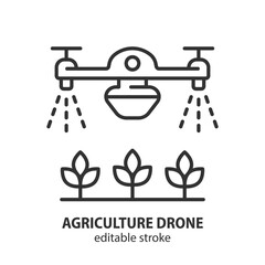 Agriculture drone line icon. Farming robotics spraying fertilizer on harvest vector symbol. Plant growth monitoring outline illustration. Smart farm sign. Editable stroke.