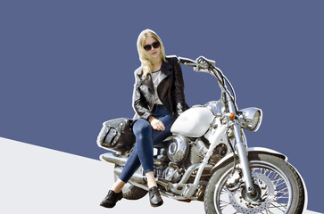 Fototapeta na wymiar Digital collage biker blonde girl in black leather jacket sitting on motorcycle