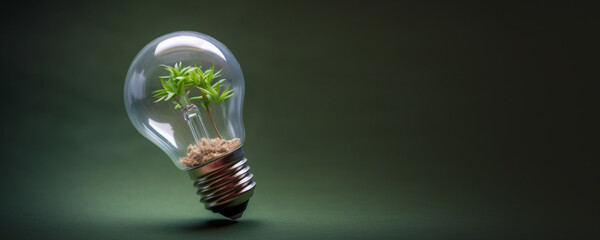 Eco green friendly lightbulb banner with copy space, concept of Renewable Energy and Sustainable Living. Generative AI