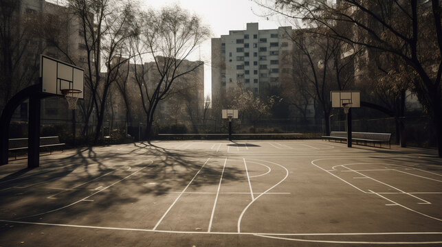 Empty street basketball court, concept of the beginning of the basketball season. Generative AI