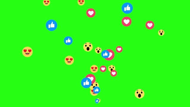 Social media Emoji Symbol Like, Love, react emotion icon animation on Green Screen Background. 4K Social media icon symbol animation