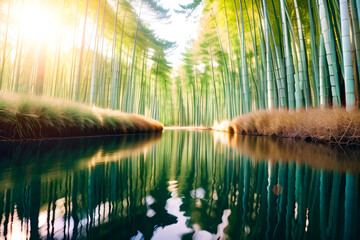Reflet dans l'eau d'une forêt de bambou ensoleillée,atmosphère zen,IA générative. - obrazy, fototapety, plakaty