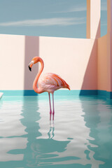 Minimal summer concept of tropical exotic animal, pink flamingo swimming in pool. A warm sunny day. Generative AI.