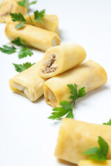 Concept of tasty food, thin pancakes with filling