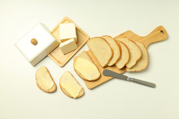 Concept of breakfast, eat food with butter, top view