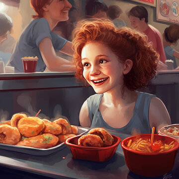 In a bustling fast food restaurant Smiling Young Girl Eating food with excitement.