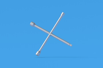 Falling cross wheel wrench on blue background. Car instrument. Automobile tire fitting. 3d render